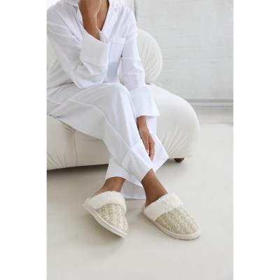 пантофи,чехли,wheres,that,from,where,s,sequin,tweed,mule,slippers,with,faux,fur,trim,beige,gold