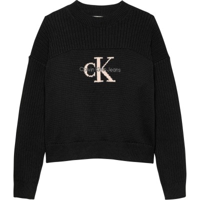 юношеска,блуза,детски,облекла,calvin,klein,jeans,monochrome,logo,knit,crew,neck,sweater,juniors,ck,black,beh