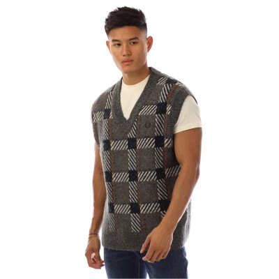 потник,мъжки,пуловери,мъжки,ежедневни,облекла,мъжки,горнища,с,качулка,fred,perry,glitch,tartan,knitted,tank,top,green