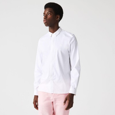 lacoste,slim,fit,concealed,placket,poplin,shirt,white