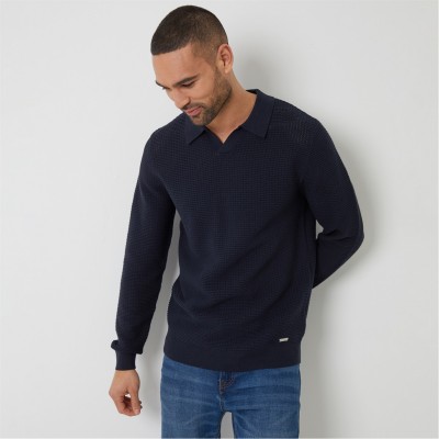 threadbare,textured,knitted,trophy,neck,long,sleeve,polo,navy