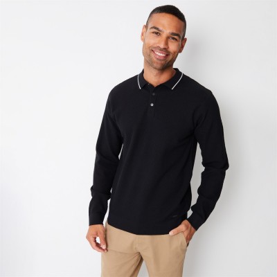 пуловер,облекла,на,разпродажба,мъжки,пуловери,threadbare,textured,knitted,long,sleeve,polo,jumper,black