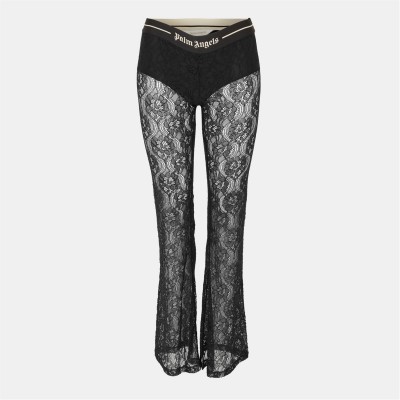 панталони,дамски,чорапогащи,и,клинове,palm,angels,women's,lace,logo,high,rise,flared,trousers,black
