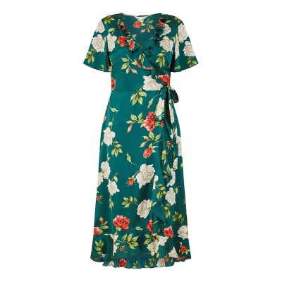 рокля,дамски,поли,и,рокли,yumi,yumi,green,satin,rose,print,wrap,dress,green
