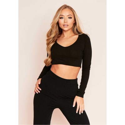 къса,блуза,дамски,топове,missy,empire,&,match,ribbed,v,plunge,crop,top,black