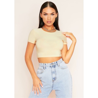 тениска,дамски,топове,missy,empire,sleeve,smooth,cropped,t,shirt,cream