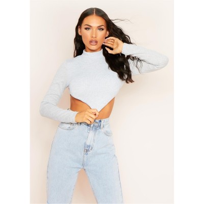 къса,блуза,дамски,топове,missy,empire,high,neck,tie,back,crop,top,grey