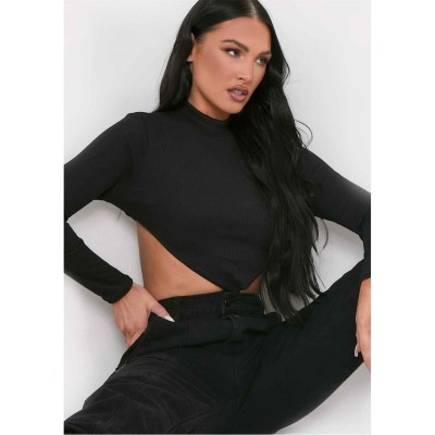 къса,блуза,дамски,топове,missy,empire,high,neck,tie,back,crop,top,black