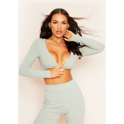къса,блуза,дамски,топове,missy,empire,front,ribbed,crop,top,sage