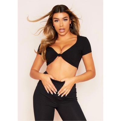 къса,блуза,дамски,топове,missy,empire,knot,front,cap,sleeve,crop,top,black
