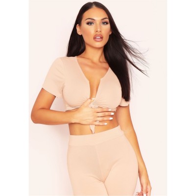 къса,блуза,дамски,топове,missy,empire,jersey,tie,front,crop,top,beige