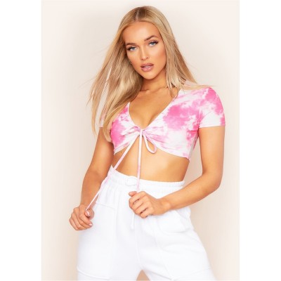 къса,блуза,дамски,топове,missy,empire,dye,tie,front,crop,top,pink