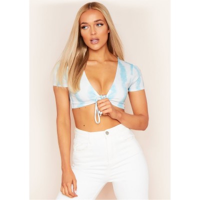 къса,блуза,дамски,топове,missy,empire,dye,tie,front,crop,top,blue