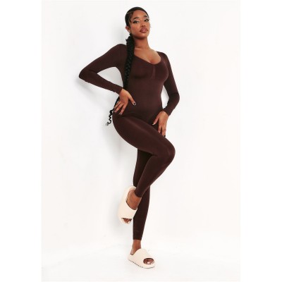дамски,поли,и,рокли,missy,empire,long,sleeve,plunge,jumpsuit,chocolate
