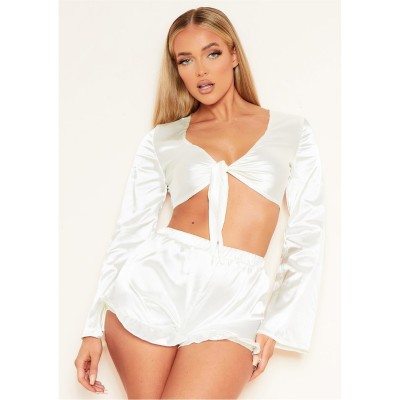 пижама,дамски,пижами,missy,empire,tie,front,long,sleeve,pyjama,crop,top,ivory