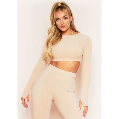 къса,блуза,дамски,топове,missy,empire,crew,neck,long,sleeve,crop,top,nude