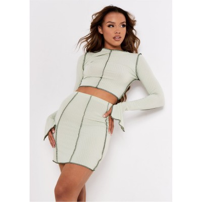 къса,блуза,дамски,топове,missy,empire,stitch,slit,sleeve,ribbed,crop,top,sage