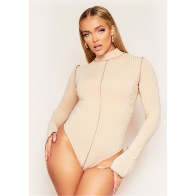 дамски,топове,missy,empire,contrast,stitch,high,neck,bodysuit,beige