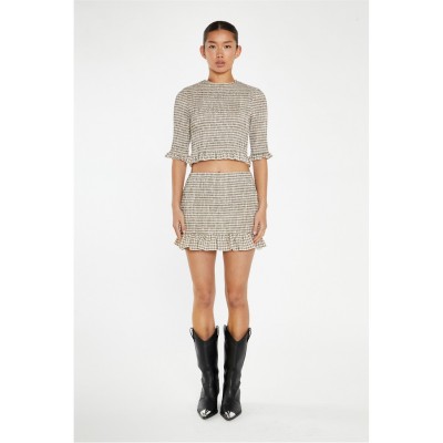 glamorous,beige,black,check,shirred,mini,skirt,beige