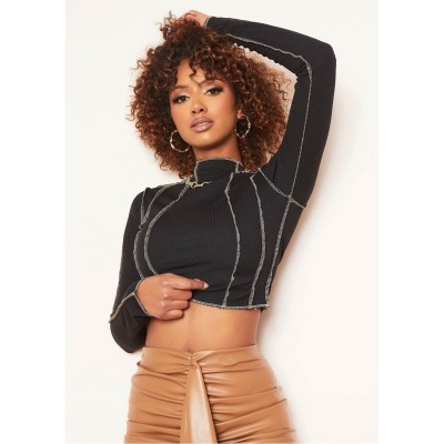 къса,блуза,дамски,топове,missy,empire,contrast,stitch,long,sleeve,crop,top,black