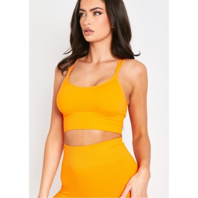 къса,блуза,дамски,топове,missy,empire,seamless,ribbed,scoop,neck,double,strap,crop,top,orange