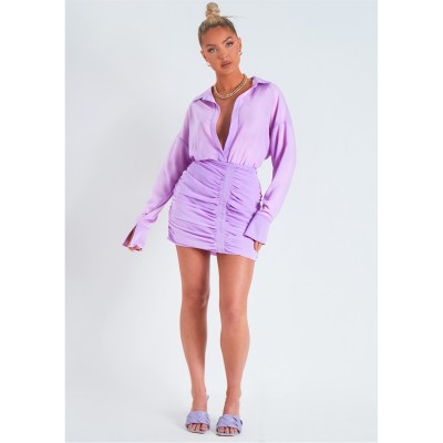 пола,дамски,поли,и,рокли,missy,empire,sleeve,plunge,front,ruched,skirt,mini,dress,lilac