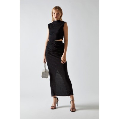 glamorous,black,glitter,ruched,midaxi,skirt,black