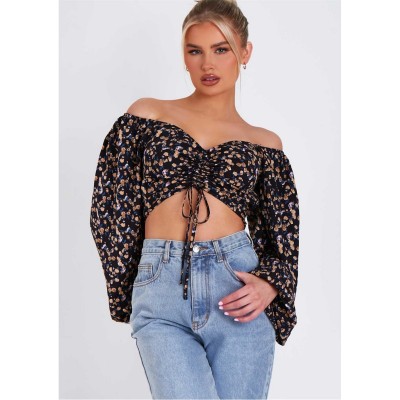 дамски,топове,missy,empire,ruched,balloon,sleeve,cropped,blouse,black