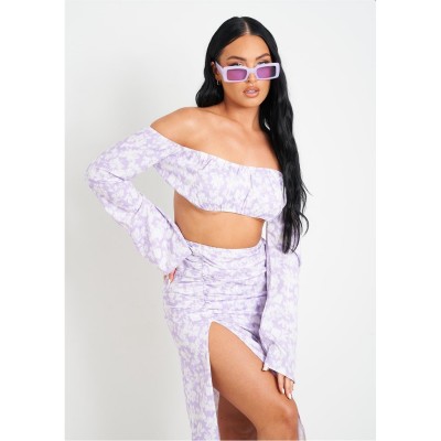 къса,блуза,дамски,топове,missy,empire,print,bardot,long,sleeve,crop,top,lilac