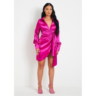 рокля,missy,empire,tie,waist,wrap,plunge,mini,dress,pink