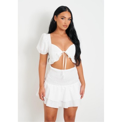 къса,блуза,дамски,топове,missy,empire,shirred,back,tie,front,crop,top,white
