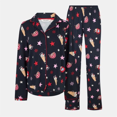 пижама,дамски,пижами,urban,threads,women's,long,sleeve,pyjama,set,navy,hot,choc