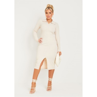 рокля,missy,empire,rib,long,sleeve,collared,midi,dress,cream