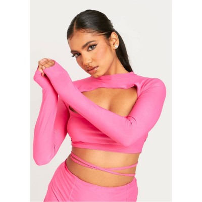 къса,блуза,дамски,топове,missy,empire,out,lace,up,long,sleeve,crop,top,pink
