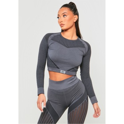 къса,блуза,дамски,топове,missy,empire,missy,sport,seamless,ladder,detail,long,sleeve,crop,top,charcoal