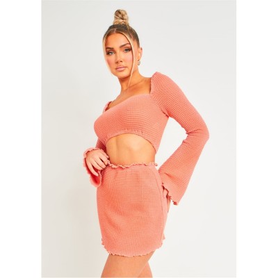 къса,блуза,дамски,топове,missy,empire,knit,lettuce,hem,square,neck,crop,top,peach