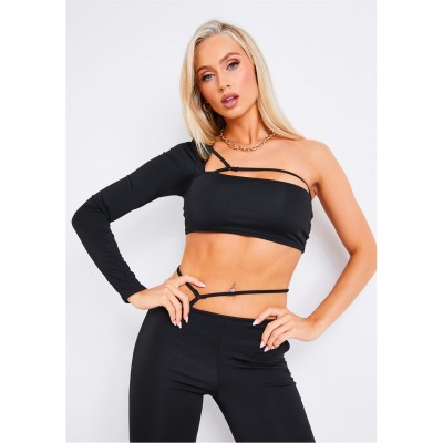 къса,блуза,дамски,топове,missy,empire,one,shoulder,crop,top,black