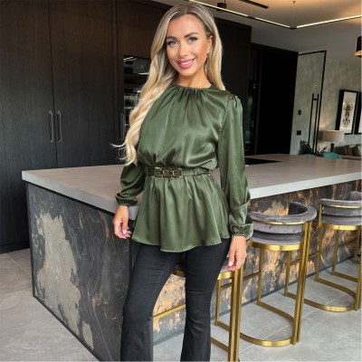 фланелка,с,дълъг,ръкав,дамски,топове,ax,paris,long,sleeve,gold,detail,belt,top,olive