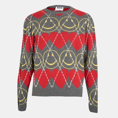 пуловер,мъжки,пуловери,moschino,men,s,smile,soft,knit,crew,neck,jumper,grey,red