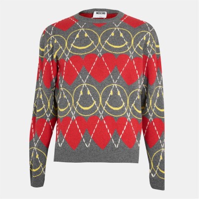 пуловер,мъжки,пуловери,moschino,men's,smile,soft,knit,crew,neck,jumper,grey,red