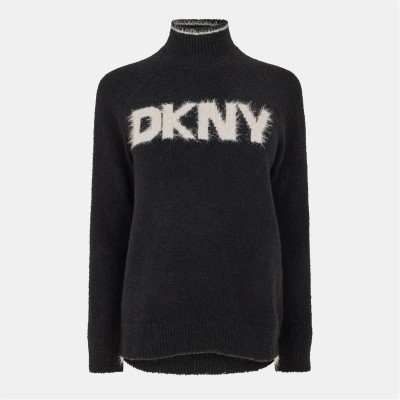 пуловер,дамски,плетени,дрехи,dkny,women's,tinsel,logo,knitted,crew,neck,jumper,black,white