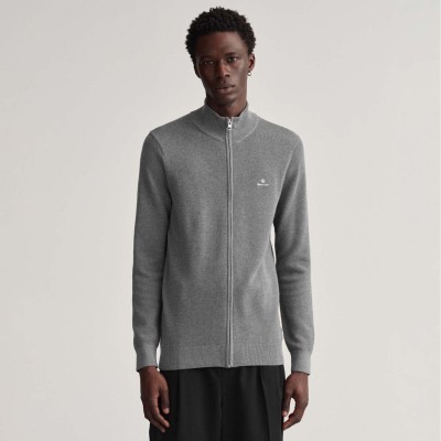 gant,cotton,piqu,zipped,cardigan,grey