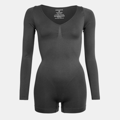 missy,empire,seamless,long,sleeve,plunge,unitard,womens,black