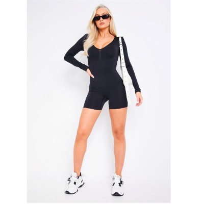 missy,empire,seamless,long,sleeve,plunge,unitard,womens,black