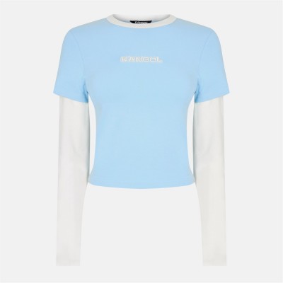 къса,блуза,дамски,топове,kangol,women's,layered,long,sleeve,crop,top,blue