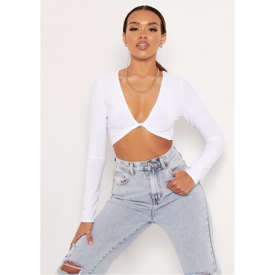 къса,блуза,дамски,топове,missy,empire,twist,front,long,sleeve,crop,top,white