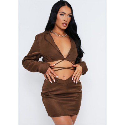 сако,дамски,топове,missy,empire,tie,waisted,cropped,blazer,co,ord,chocolate
