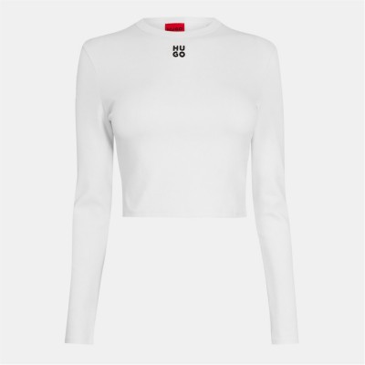къса,блуза,дамски,топове,hugo,dafilomena,long,sleeve,crop,top,white,100
