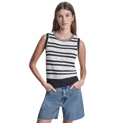 блуза,дамски,плетени,дрехи,dkny,dkny,jeans,logo,pointelle,striped,sleeveless,sweater,ivory,black