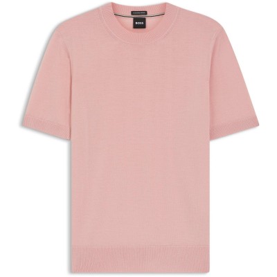 фланелка,с,къс,ръкав,мъжки,пуловери,мъжки,тениски,boss,mens,boss,black,knitted,short,sleeve,top,umauro,light,pink,686